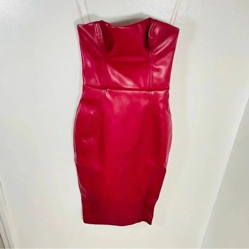 NWT House of CB Saskia Faux Leather Structured Midi Bodycon Dress Wine Red - Picture 4 of 7